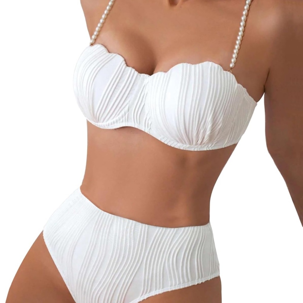 Chic White Bikini Set with Pearl Straps